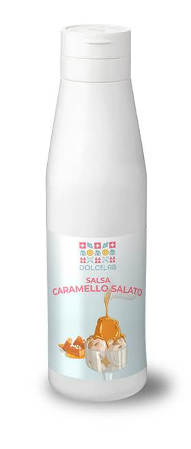Salsa dolce al caramello salato in bottiglia, perfetta per dessert e gelati.