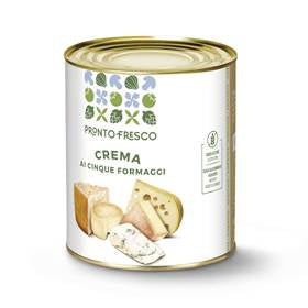 Crema pronta ai cinque formaggi in lattina con assortimento di formaggi.