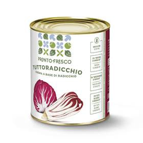 Crema pronta tutto radicchio in a can, a blend of radicchio cream with balsamic vinegar.