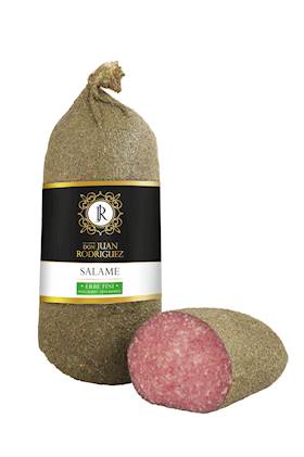 Salame Spanolo alla Erbe 8 kg package and sliced portion, showcasing traditional Spanish flavors.