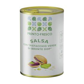 Salsa a base di pistacchio verde di Bronte DOP 400 gr. in una confezione metallica con pistacchi marroni e verdi.