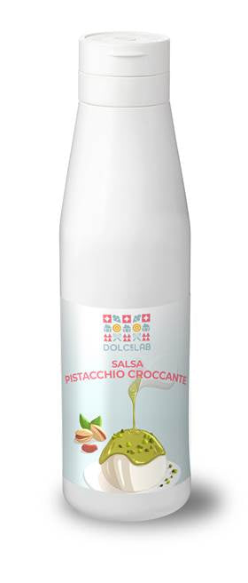 Salsa dolce e croccante a base di pistacchio in bottiglia, perfetta per dessert e dolci.