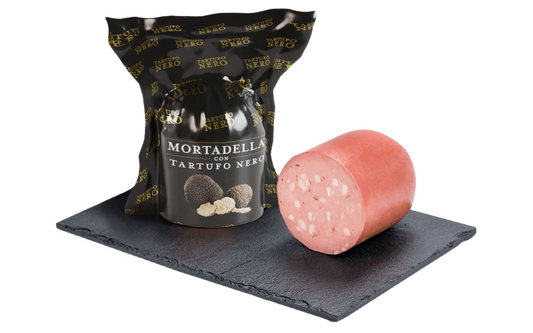 Mortadella al Tartufo Nero in packaging and sliced, showcasing high-quality truffle-infused flavor.