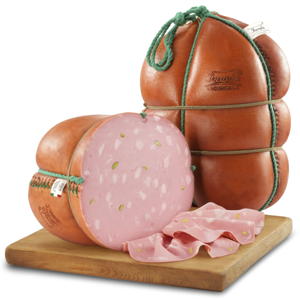 Mortadella IGP Bologna displayed on a wooden board, featuring traditional Italian sausage wrapped in natural casing.