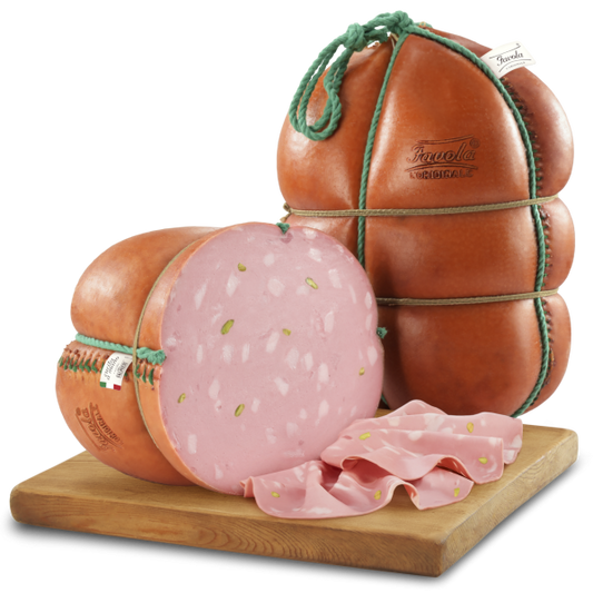 Mortadella IGP Bologna displayed on a wooden board, featuring traditional Italian sausage wrapped in natural casing.