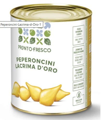 Peperoncino Peruviano Giallo - Lacrima d'oro can, 1 kg, vibrant yellow peppers, packed in sweet and sour sauce.
