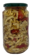 Melanzane a Filetti in Olio di semi di Girasole 3 kg jar with eggplant and peppers in oil.