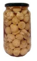 Funghi Champignon Interi in Olio - jar of whole champignon mushrooms preserved in sunflower seed oil.
