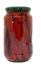 Peperoncini Piccanti Fiammella in Olio di semi di Girasole 580 gr. in a jar, showcasing peppers in oil.