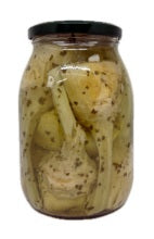 Carciofi con Gambo in Olio - glass jar containing marinated artichokes with stems in sunflower oil.