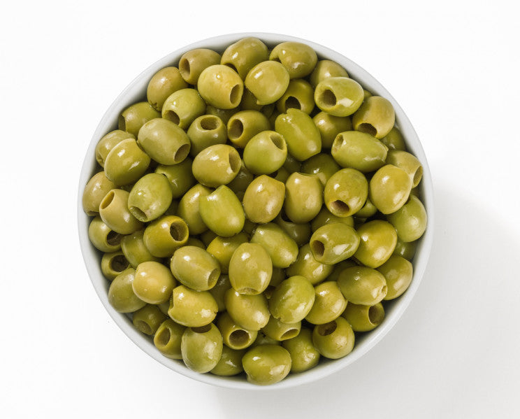 Olive Verdi Grecia Denocciolate in a bowl, ideal for stuffed olives, 5 kg product from Greece.
