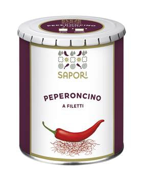 Peperoncino Rosso disidratato tagliato a filetti 100 gr. in confezione a cilindro con etichetta elegante.