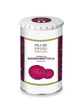 Chips di barbabietola rossa dolce essicata 100 gr. in a packaged container.