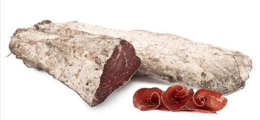 Carne Secca Punta d'Anca, traditional cured beef from podolic calves, showcasing a piece and thin slices.