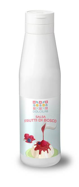 Salsa dolce ai frutti di bosco in bottiglia, ideale per dessert e formaggi freschi.