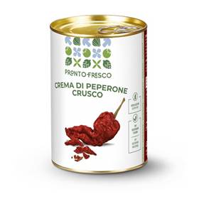 Crema pronta di peperone Crusco in confezione, una crema vellutata arricchita da peperoni cruschi.