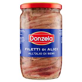 Filetti di Alici in Olio - Donzela jar featuring Mediterranean anchovy fillets preserved in oil.