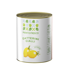 Confezione di Datterini Gialli con Buccia al naturale in scatola, dolce e gustoso, perfetto per ogni piatto.