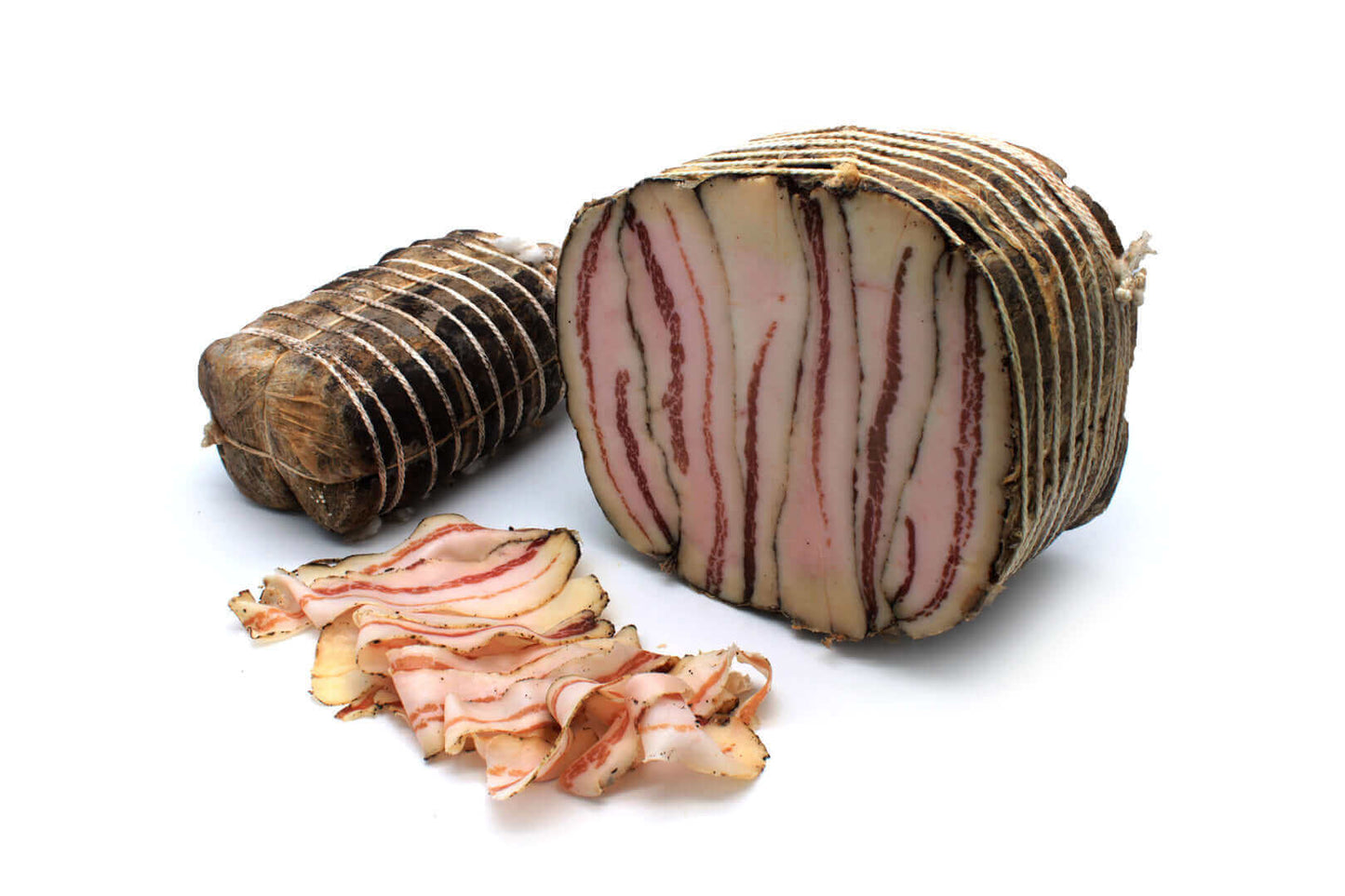 Lardo Arrotolato 4 kg c.a. artigianale, mostrando il taglio e le fette di lardo spezzato.
