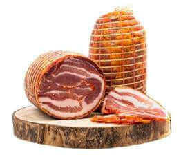 Pancetta Arrotolata Rossa with spices, displayed on a wooden board, showcasing its rich marbling and flavor.