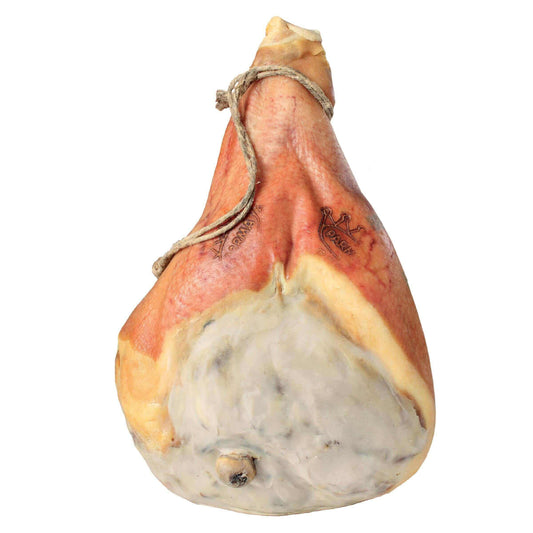 Prosciutto Crudo Mammut whole ham with traditional string, showcasing the unique curing from Monte Pollino.