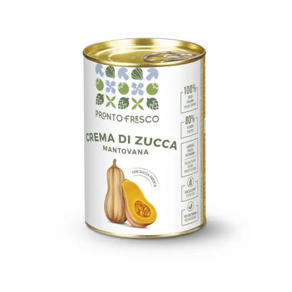 Crema pronta di zucca gialla mantovana 1 kg in latta con zucca violina fresca e colorata.