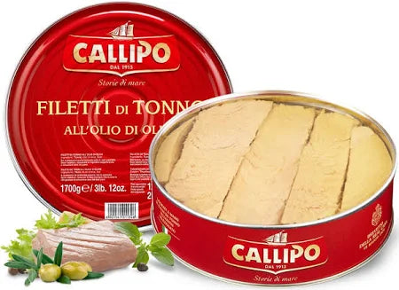 Filetti di Tonno Callipo in Olio di Oliva 1700 kg in a red can featuring light pink Yellowfin tuna fillets.