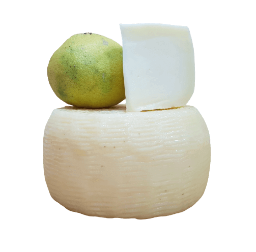 Formaggio Affinato al Bergamotto with bergamot fruit on top of the cheese wheel.