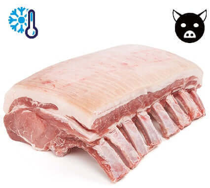 Fresh rack of pork ribs on white background with pig and temperature icons