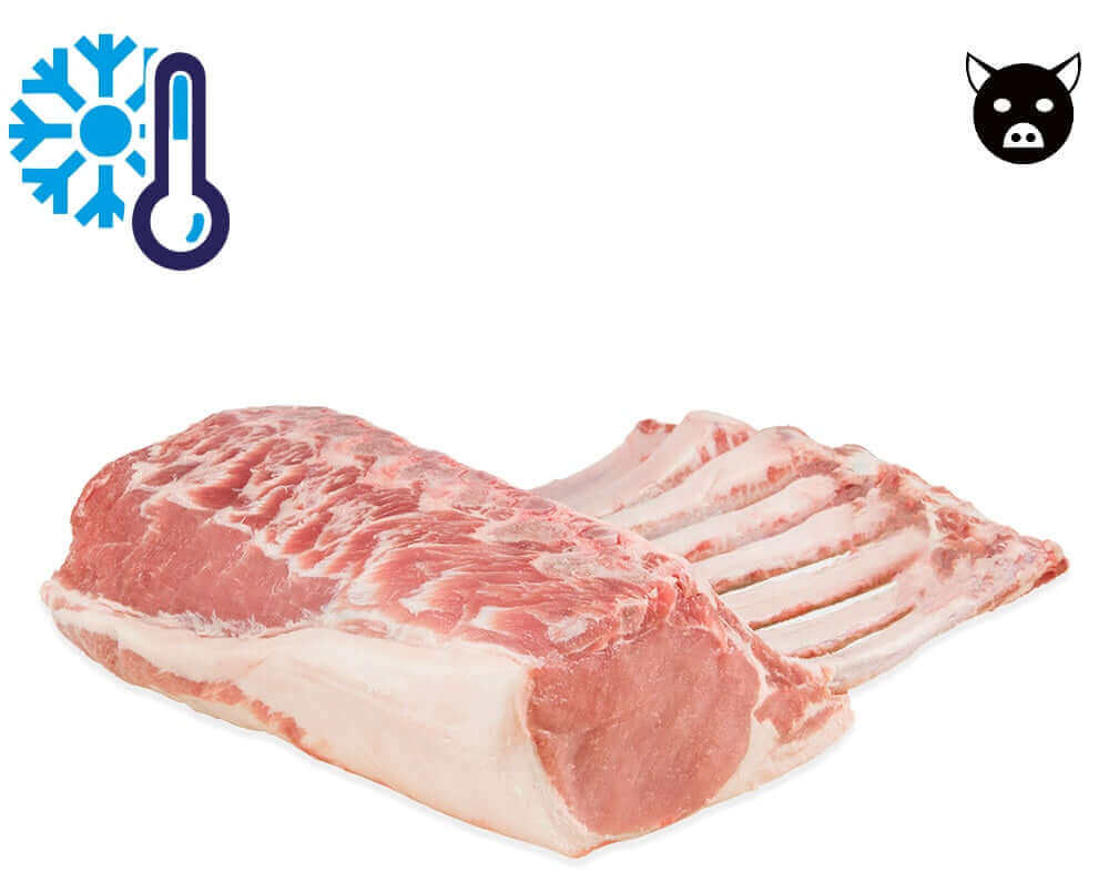 Frozen raw pork rib rack with fat cap, white background, pig icon and cold temperature icon in corners