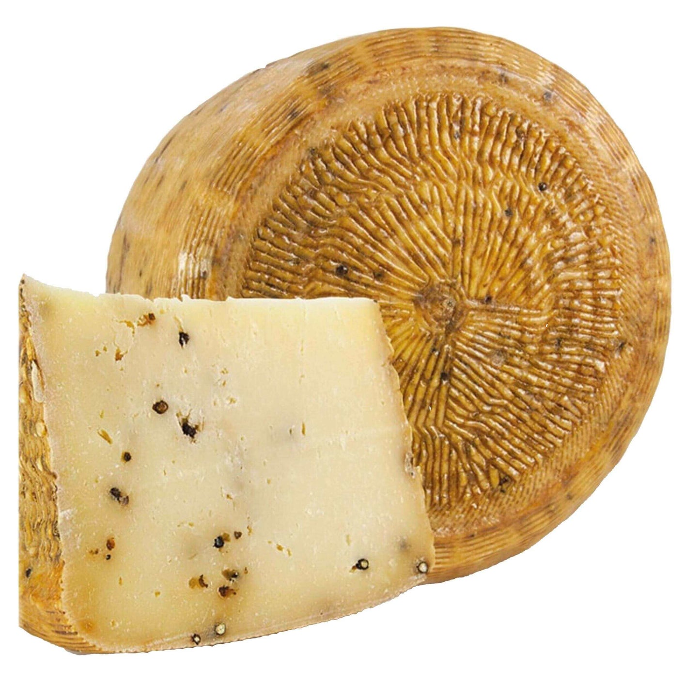 Formaggio Stagionato Siciliano al Pepe Nero 4 kg wheel and slice showcasing its texture and black pepper specks.