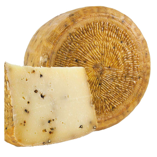 Formaggio Stagionato Siciliano al Pepe Nero 4 kg wheel and slice showcasing its texture and black pepper specks.