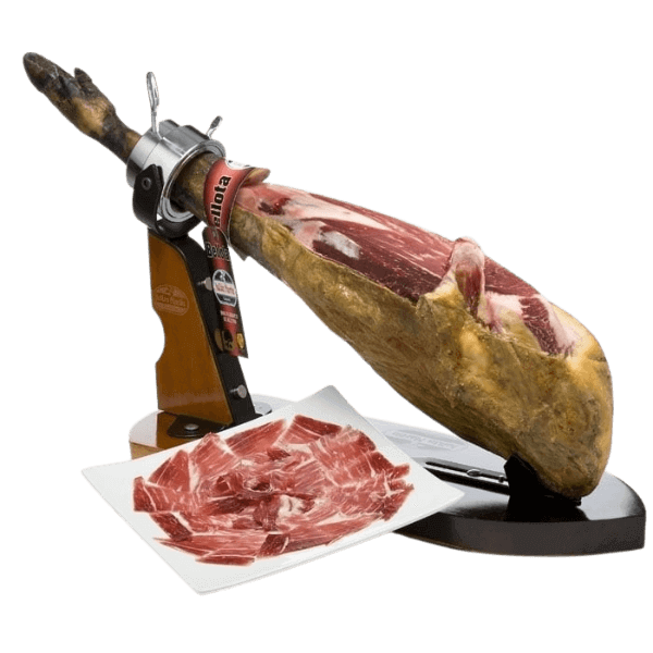 Sliced Jamón Ibérico with whole leg on a traditional ham holder, ready for serving.