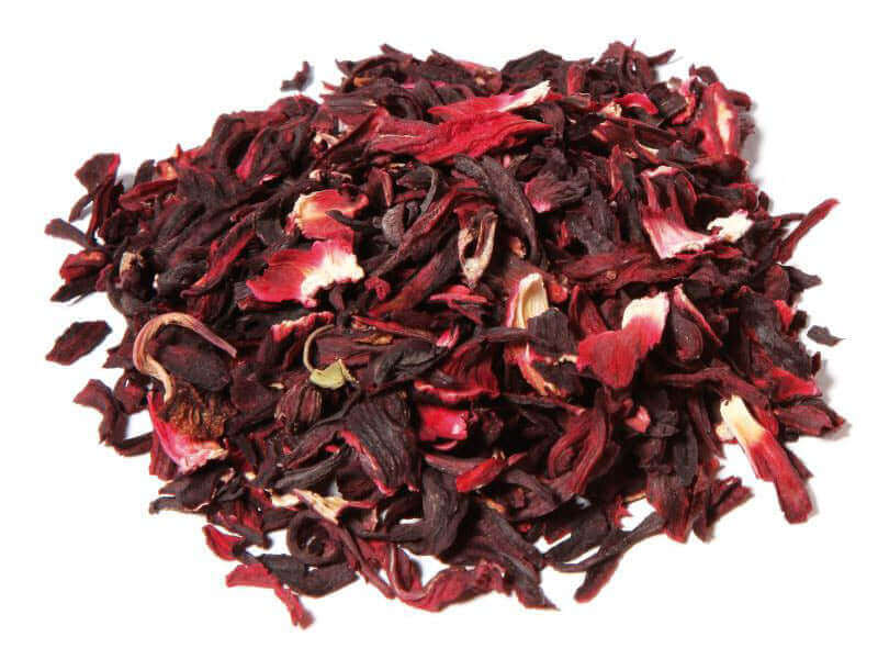 Karkadè Rosso essiccato, fiori secchi per infuso, confezione da 100 gr, colore rosso vivo.