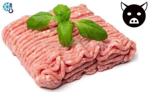 Fresh ground pork meat with basil leaves, temperature icon, and pig icon on white background