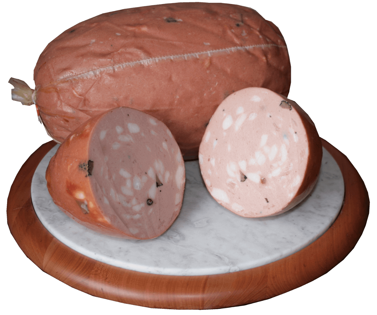 Mortadella al Tartufo Nero in a slice showcasing black truffle chunks on a marble and wood platter.