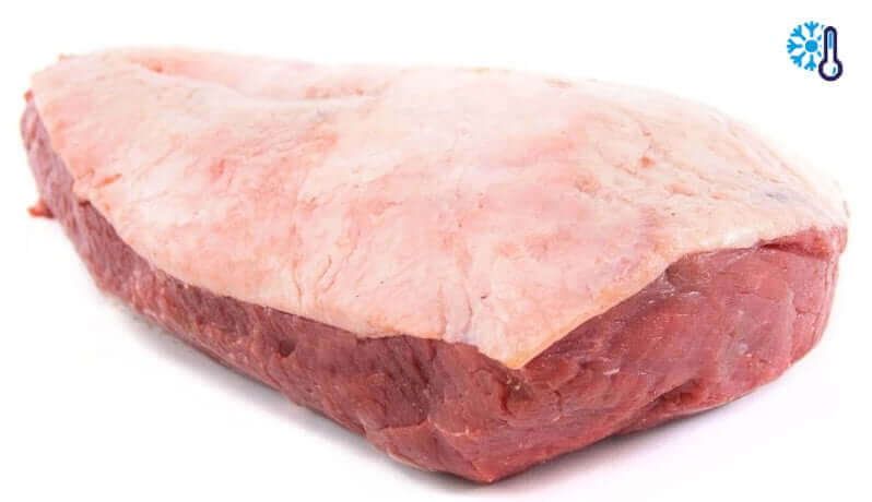 Raw beef brisket with fat cap on white background, frozen meat illustration in the corner