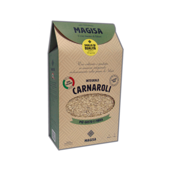 Magisa Integrale Carnaroli rice package featuring quality seal and product details.