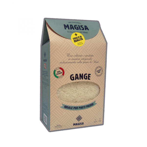 Riso di Sibari Gange packaging showing quality details and ideal for cold dishes.
