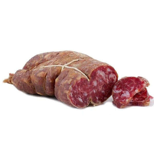 Soppressata Grecanica Calabrese, traditional cured meat from Reggio Calabria showcasing visible meat cuts and Mediterranean spices.