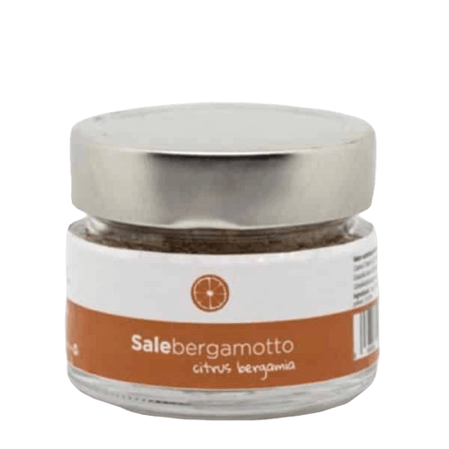 Sale al Bergamotto in glass jar, 200g packaging, gourmet seasoning for culinary dishes.