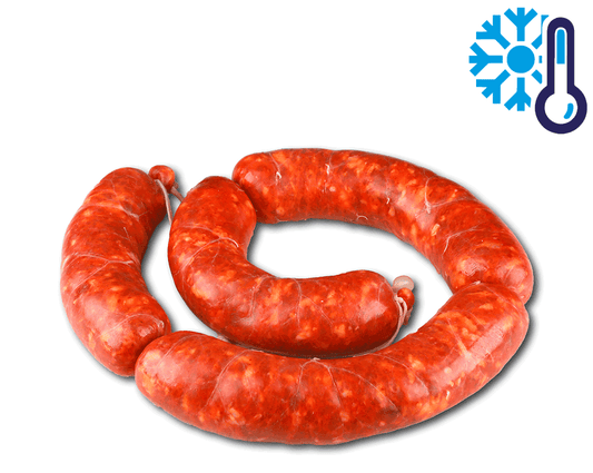 Salsiccia Cruda di Maiale Semibrado Calabrese fresh sausage links presented in a clear packaging.