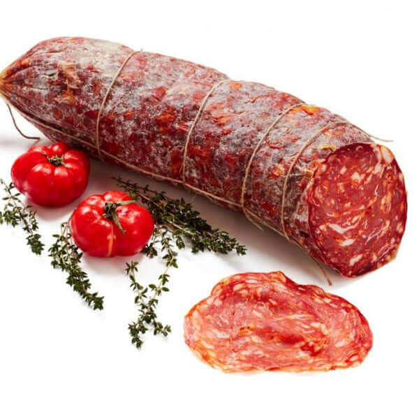 Ventricina Piccante esclusiva Calabrese salume con pomodori e timo, a forma cilindrica e stagionatura di 45 giorni.