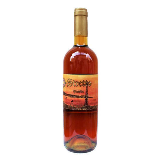 Vino Passito - Passito dello Stretto bottiglia da 0,75 cl con etichetta colorata e riflessi dorati.