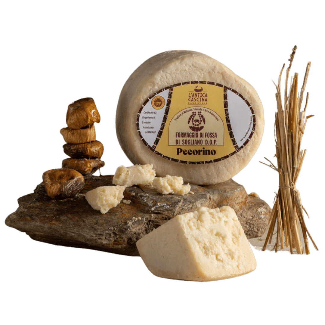 Formaggio Pecorino di Fossa Sogliano DOP - 1 kg. c.a. infossato a stagionare, a forma irregolare con profumo intenso e sapore deciso.
