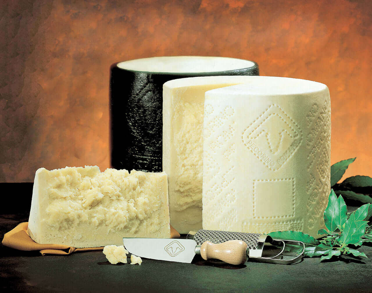 Pecorino Romano DOP cheese with black and white rind, 6 kg trancio, on a table with a cheese knife and herbs