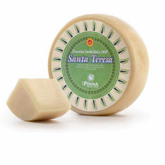 Pecorino Sardo Dop Santa Teresa cheese wheel and cut piece of 7.5 kg with smooth rind and creamy texture.