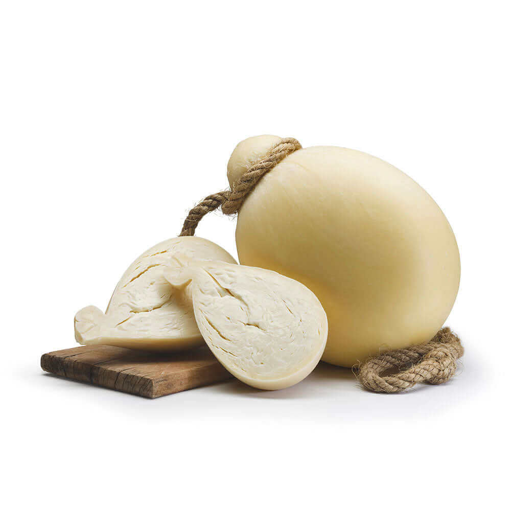Provola Siciliana Stagionata cheese, 2 kg, displayed on a wooden board with a cut slice.