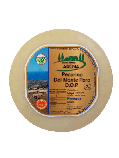 Wheel of Italian Pecorino Del Monte Poro D.O.P. cheese with label from Azienda Agricola Arena.