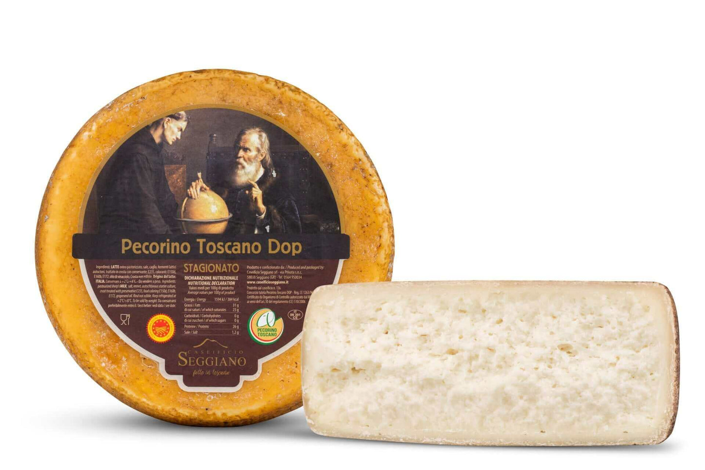 Pecorino Toscano Dop Stagionato cheese wheel and wedge with label from Seggiano